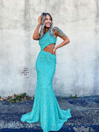Affordable Sleeveless One Shoulder Velvet Sequin Sweep Train Prom Dress Canada