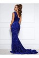 Affordable Sleeveless One Shoulder Velvet Sequin Royal Blue Court Train Prom Dress Canada