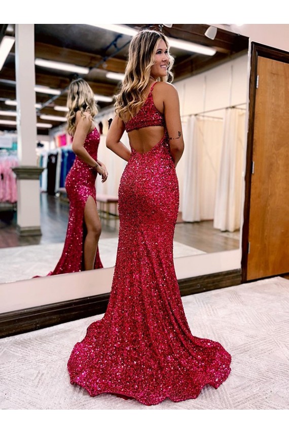 Affordable Sleeveless One Shoulder Velvet Sequin Burgundy Sweep Train Evening Prom Dress Canada