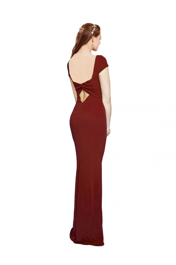 Affordable Cap Sleeves Round Neck Stretch Crepe Burgundy Long Prom Dress Canada