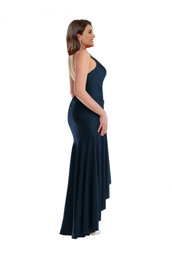 Affordable Sleeveless Spaghetti Straps Silky Satin Dark Navy Long High Low Plus Size Prom Dress Canada