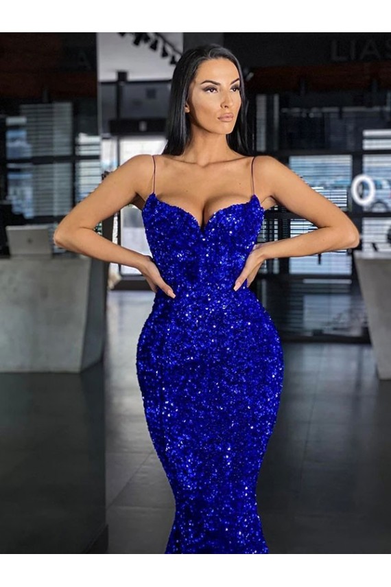 Affordable Sleeveless Spaghetti Straps Velvet Sequin Royal Blue Mermaid Sweep Train Prom Dress Canada
