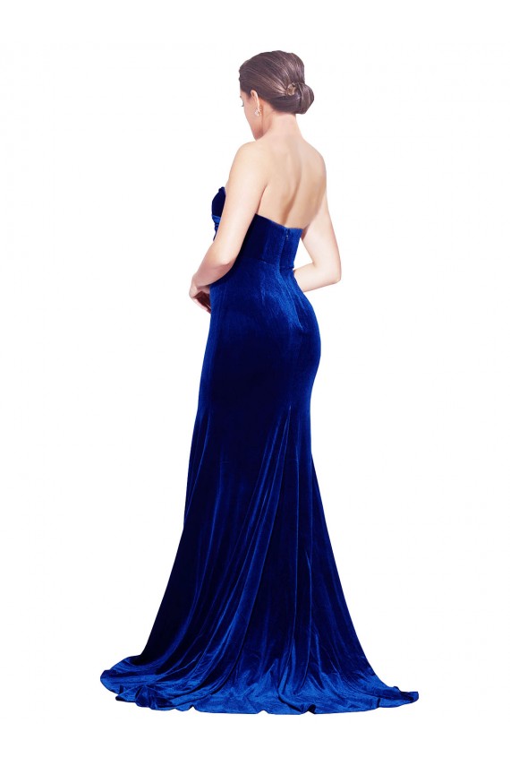 Affordable Sleeveless Strapless Stretch Velvet Royal Blue Sweep Train Prom Dress Canada