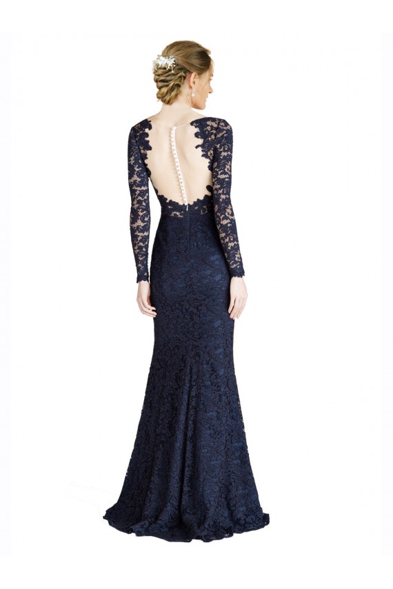 Affordable Long Sleeves Sweetheart Lace Dark Navy Long Prom Dress Canada
