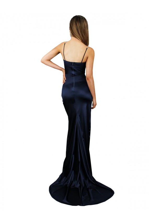 Affordable Sleeveless Sweetheart Stretch Satin Dark Navy Long Prom Dress Canada