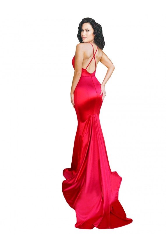 Affordable Sleeveless Sweetheart Stretch Satin Red Long Low Back Prom Dress Canada