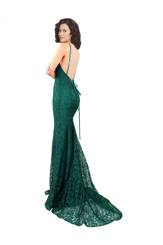 Affordable Sleeveless V-Neck Lace Dark Green Long Black Tie Prom Dress Canada