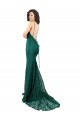 Affordable Sleeveless V-Neck Lace Dark Green Long Black Tie Prom Dress Canada