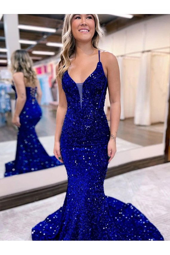 Affordable Sleeveless V-Neck Velvet Sequin Royal Blue Court Train Prom Dress Canada