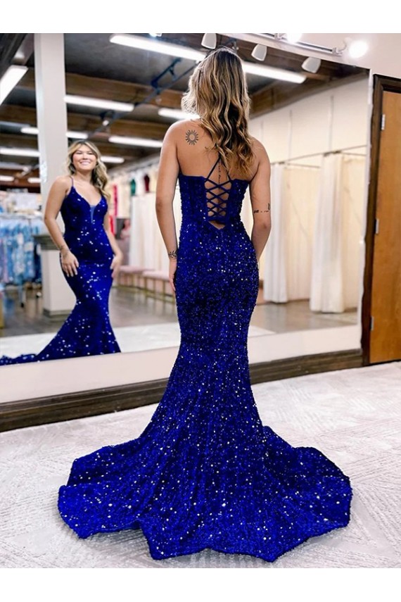 Affordable Sleeveless V-Neck Velvet Sequin Royal Blue Court Train Prom Dress Canada