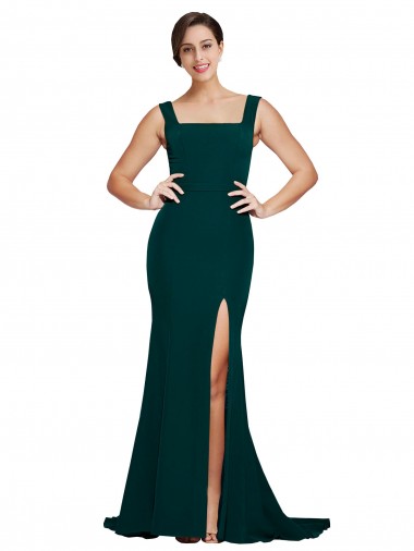 Affordable Sleeveless Square Neck Stretch Crepe Midnight Green Sweep Train Prom Dress Canada