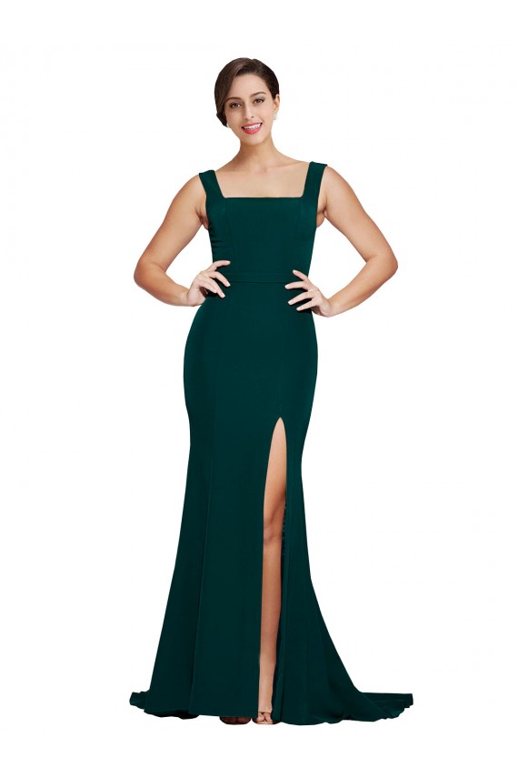 Affordable Sleeveless Square Neck Stretch Crepe Midnight Green Sweep Train Prom Dress Canada