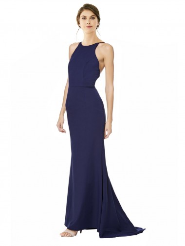 Affordable Sleeveless Halter Neck Stretch Crepe Navy Blue Long Criss Cross Open Back Prom Dress Canada