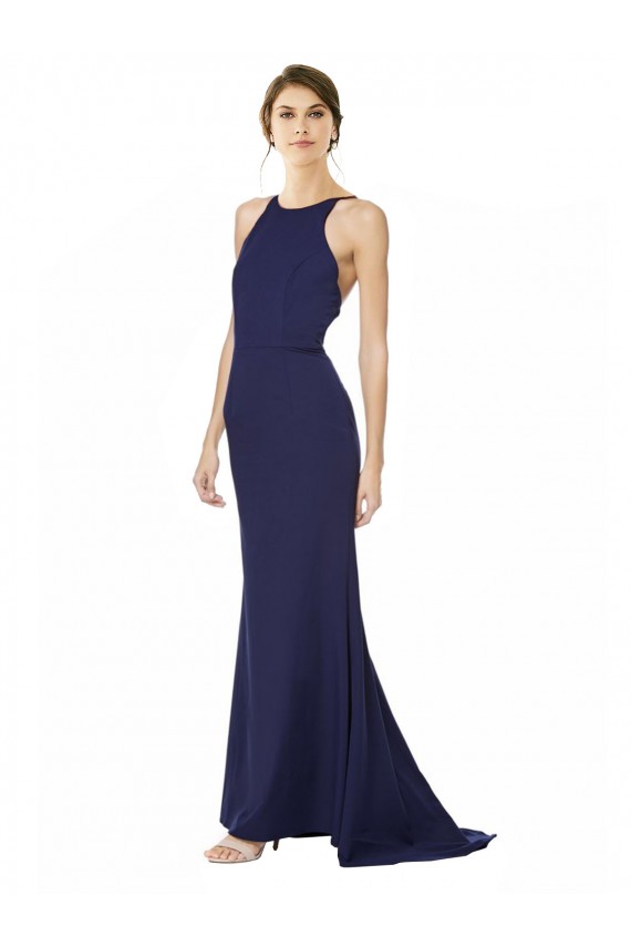 Affordable Sleeveless Halter Neck Stretch Crepe Navy Blue Long Criss Cross Open Back Prom Dress Canada