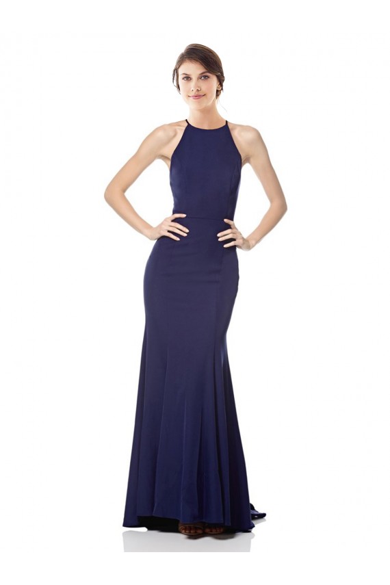 Affordable Sleeveless Halter Neck Stretch Crepe Navy Blue Long Prom Dress Canada
