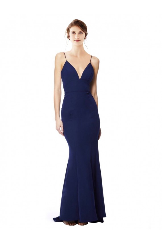 Affordable Sleeveless High Neck Stretch Crepe Navy Blue Long Prom Dress Canada