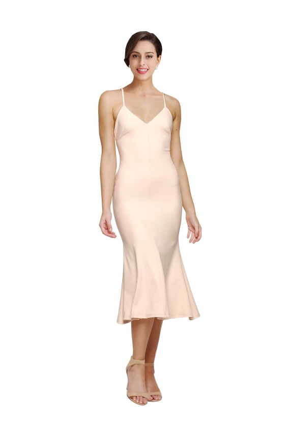 Affordable Sleeveless V-Neck Stretch Crepe Nude Midi Length Prom Dress Canada