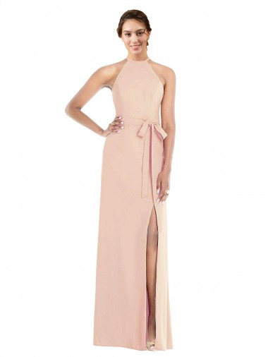 Affordable Sleeveless Halter Neck Stretch Crepe Nude Long Prom Dress Canada