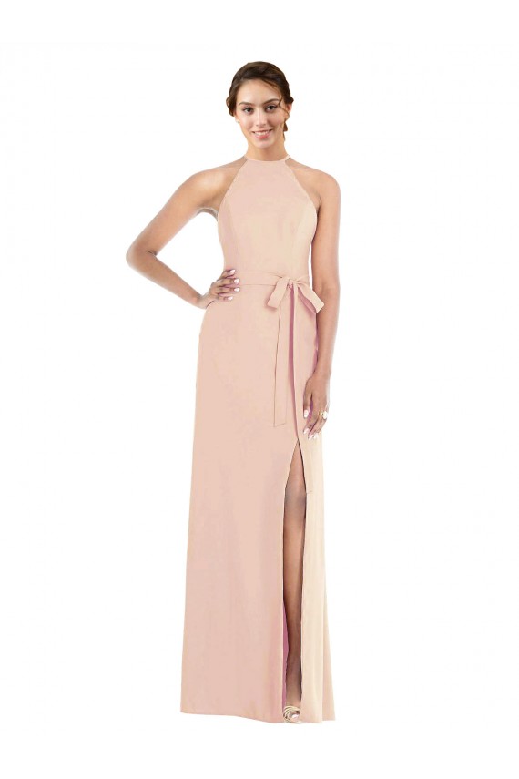 Affordable Sleeveless Halter Neck Stretch Crepe Nude Long Prom Dress Canada