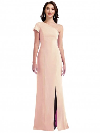 Affordable Cap Sleeves One Shoulder Stretch Crepe Nude Long Prom Dress Canada