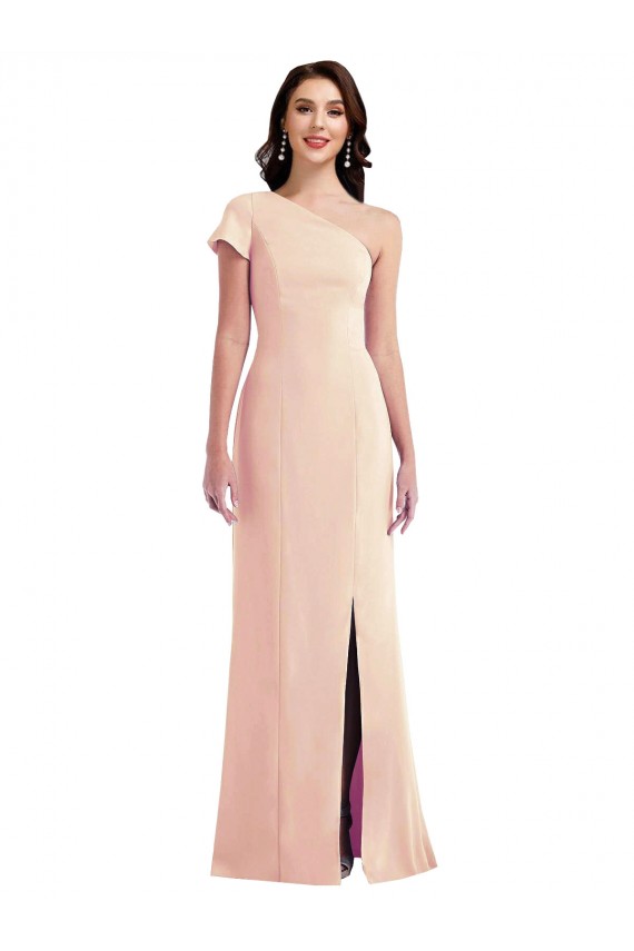 Affordable Cap Sleeves One Shoulder Stretch Crepe Nude Long Prom Dress Canada