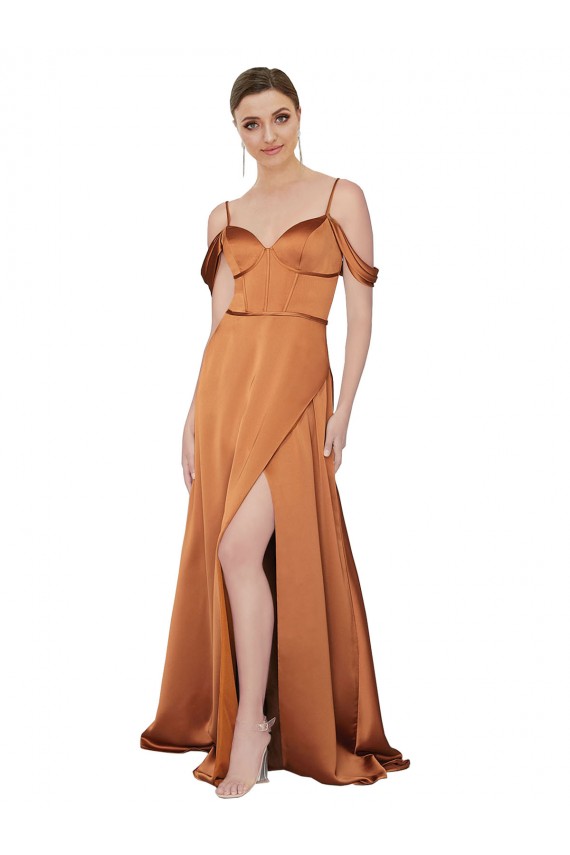 Affordable Cold Shoulder Sweetheart Silky Satin Orange Long Prom Dress Canada