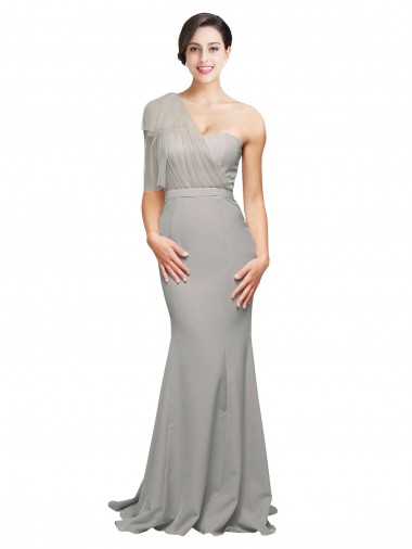 Affordable Sleeveless Sweetheart Stretch Crepe & Tulle Oyster Silver Sweep Train Prom Dress Canada