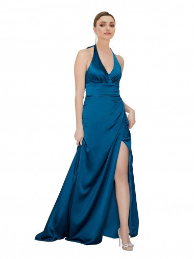 Affordable Sleeveless Halter Neck Silky Satin Peacock Blue Long Prom Dress Canada