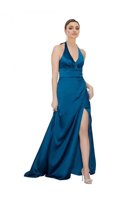 Affordable Sleeveless Halter Neck Silky Satin Peacock Blue Long Prom Dress Canada