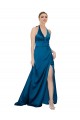 Affordable Sleeveless Halter Neck Silky Satin Peacock Blue Long Prom Dress Canada