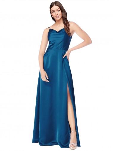 Affordable Sleeveless Cowl Neck Silky Satin Peacock Blue Long Prom Dress Canada
