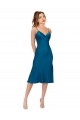 Affordable Sleeveless V-Neck Silky Satin Peacock Blue Midi Length Prom Dress Canada