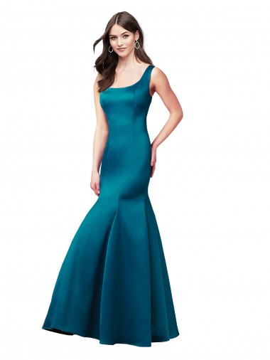 Affordable Sleeveless Bateau Neck Satin Peacock Blue Long Prom Dress Canada