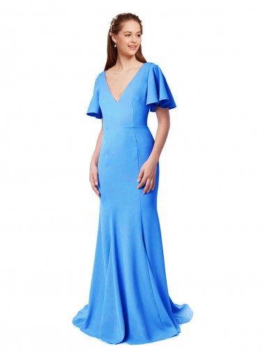 Affordable Short Sleeves V-Neck Stretch Crepe Peacock Blue Sweep Train Prom Dress Canada