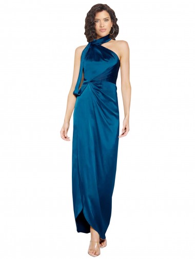 Affordable Sleeveless High Neck Silky Satin Peacock Blue Long Prom Dress Canada