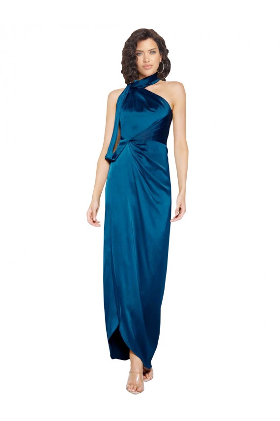 Affordable Sleeveless High Neck Silky Satin Peacock Blue Long Prom Dress Canada