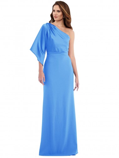 Affordable Bell Sleeves One Shoulder Stretch Crepe Peacock Blue Long Prom Dress Canada