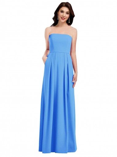 Affordable Sleeveless Strapless Stretch Crepe Peacock Blue Long Prom Dress Canada