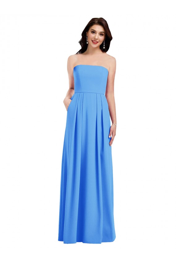 Affordable Sleeveless Strapless Stretch Crepe Peacock Blue Long Prom Dress Canada