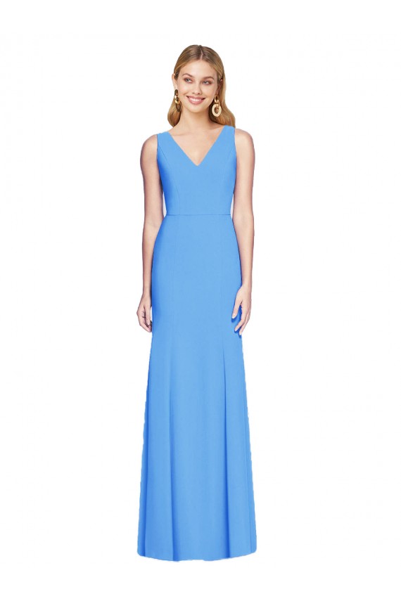 Affordable Sleeveless V-Neck Stretch Crepe Peacock Blue Long Prom Dress Canada