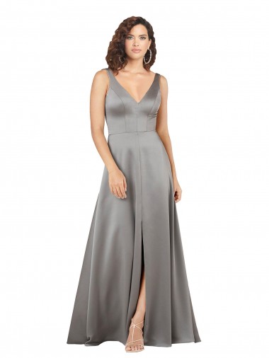 Affordable Sleeveless V-Neck Silky Satin Pearl Grey Long Prom Dress Canada