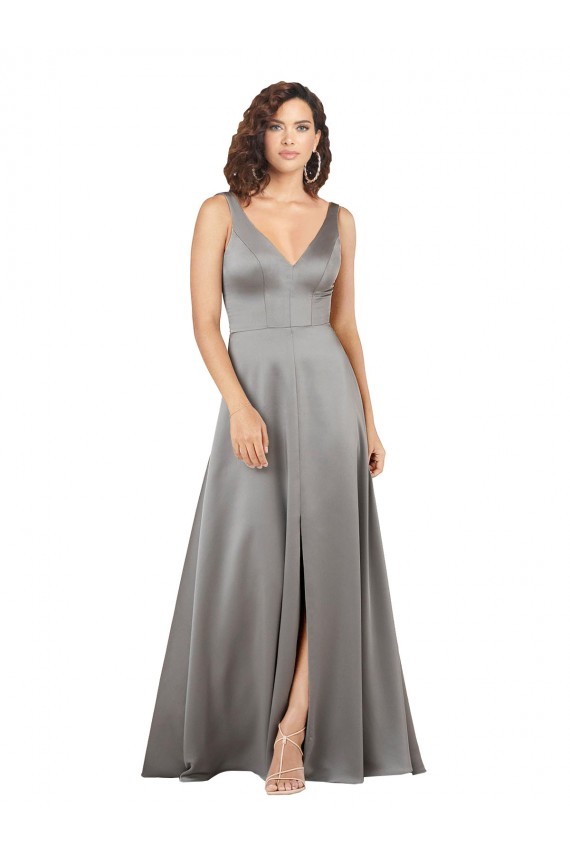 Affordable Sleeveless V-Neck Silky Satin Pearl Grey Long Prom Dress Canada