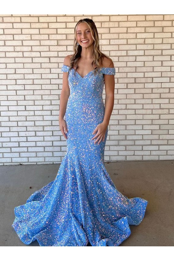 Affordable Sleeveless Off the Shoulder Velvet Sequin Periwinkle Long Prom Dress Canada