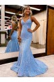 Affordable Sleeveless V-Neck Velvet Sequin Periwinkle Sweep Train Evening Gown Canada