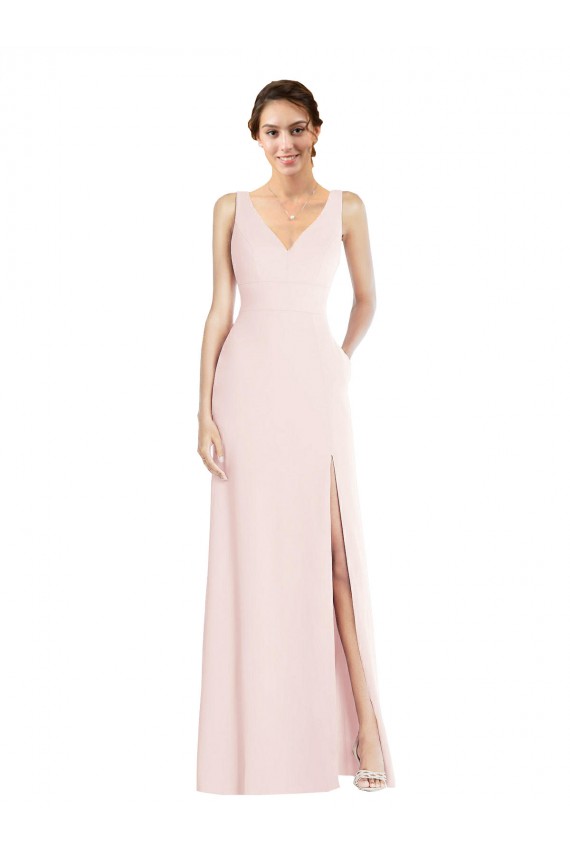 Affordable Sleeveless V-Neck Stretch Crepe Pink Long Black Tie Prom Dress Canada