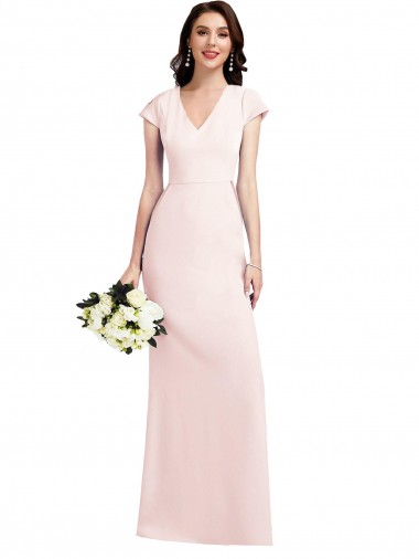 Affordable Cap Sleeves V-Neck Stretch Crepe Pink Long Prom Dress Canada