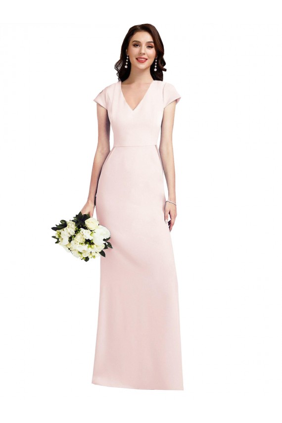 Affordable Cap Sleeves V-Neck Stretch Crepe Pink Long Prom Dress Canada