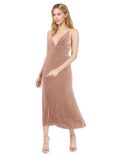 Affordable Sleeveless V-Neck Stretch Velvet Pink Midi Length Prom Dress Canada