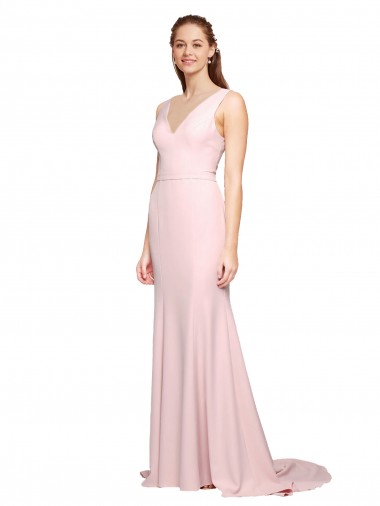 Affordable Sleeveless V-Neck Stretch Crepe Pink Sweep Train V-Back Prom Dress Canada