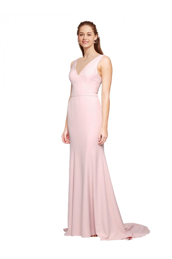 Affordable Sleeveless V-Neck Stretch Crepe Pink Sweep Train V-Back Prom Dress Canada
